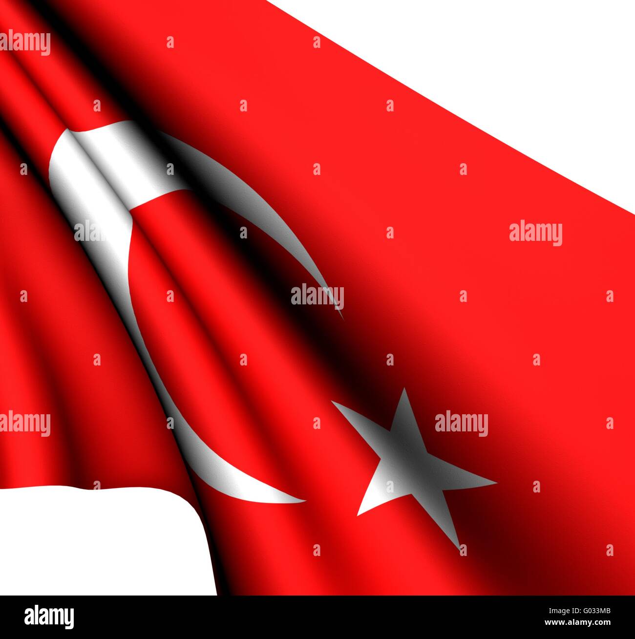 Flagge der Türkei vor weißem Hintergrund. Hautnah. Stockfoto