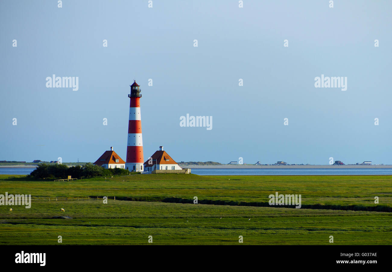 Leuchtturm Westerhever inmitten der Salzwiesen Stockfoto