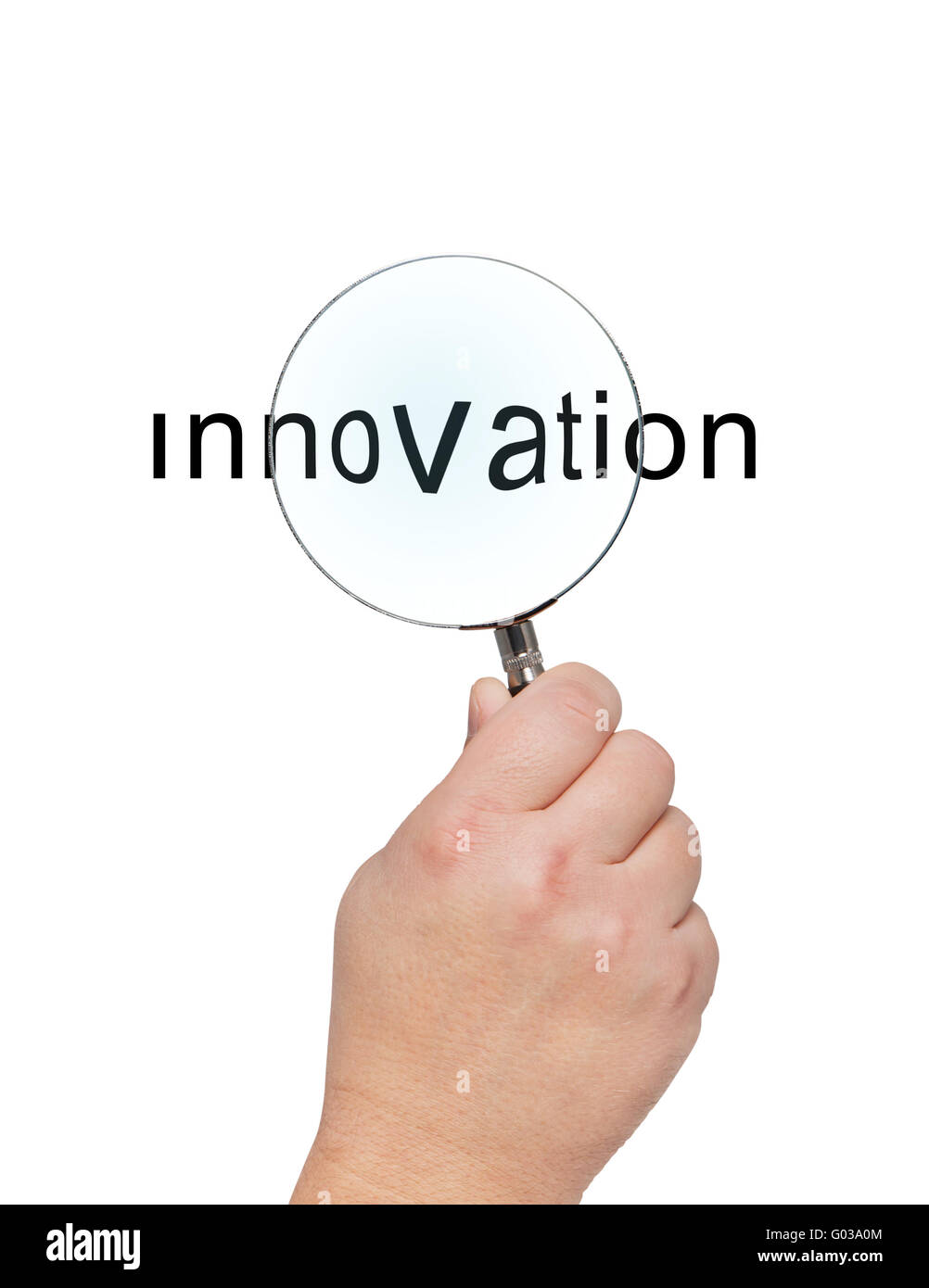 Lupe in der hand und Wort Innovation. Stockfoto