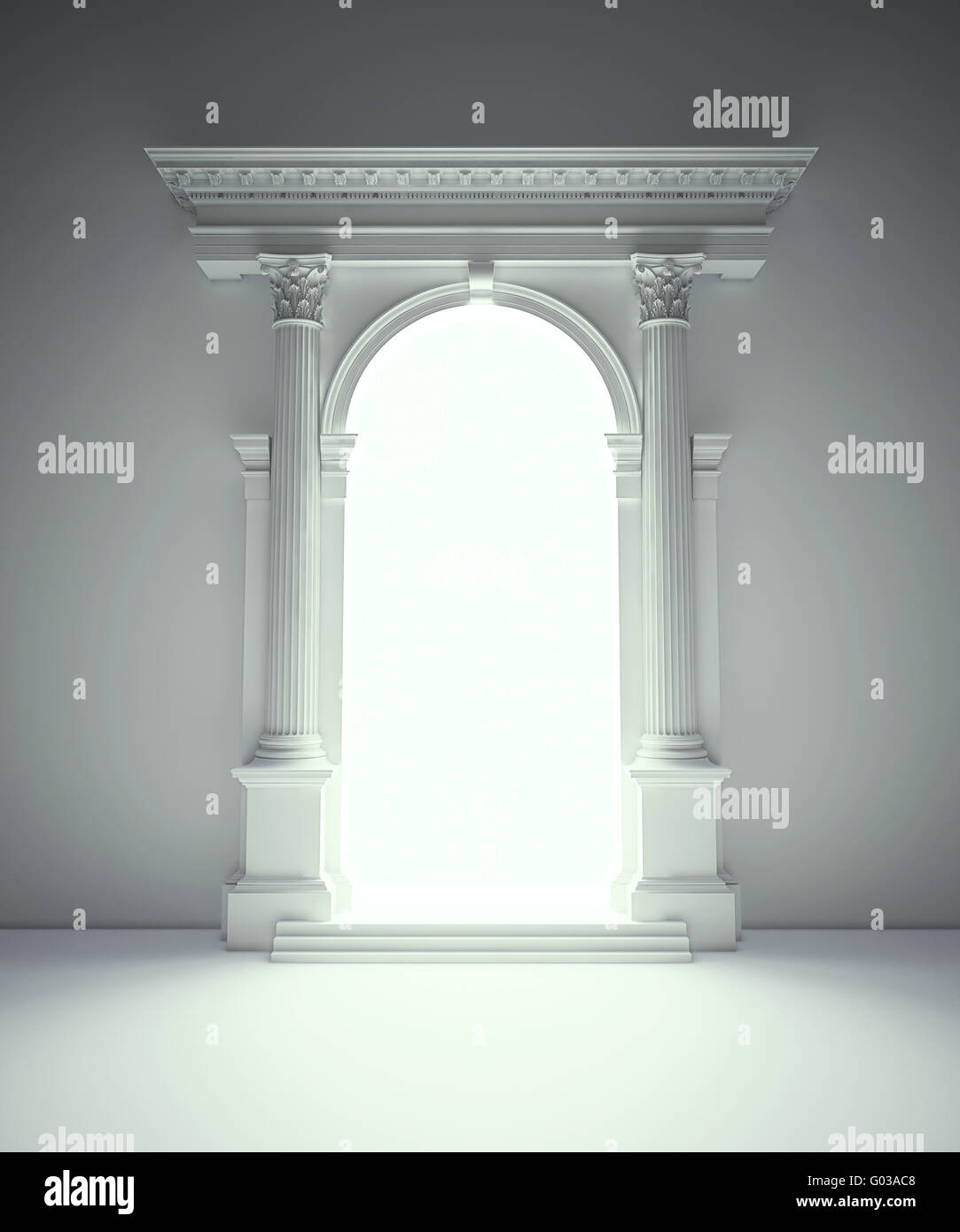 Klassische Architekturportal mit korinthischen Säulen, Arkaden und Gebälk Stockfoto