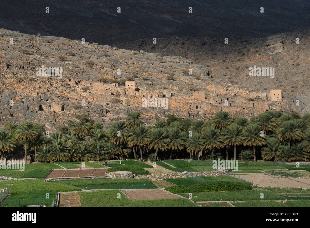 Wadi Ghul Ruinen, Hajar-Gebirge, Oman. Stockfoto