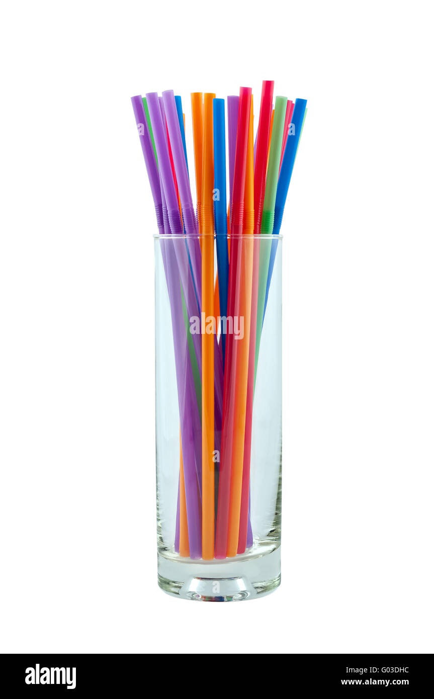 Glas mit Farbe Rohre isoliert auf weißem Hintergrund. Stockfoto