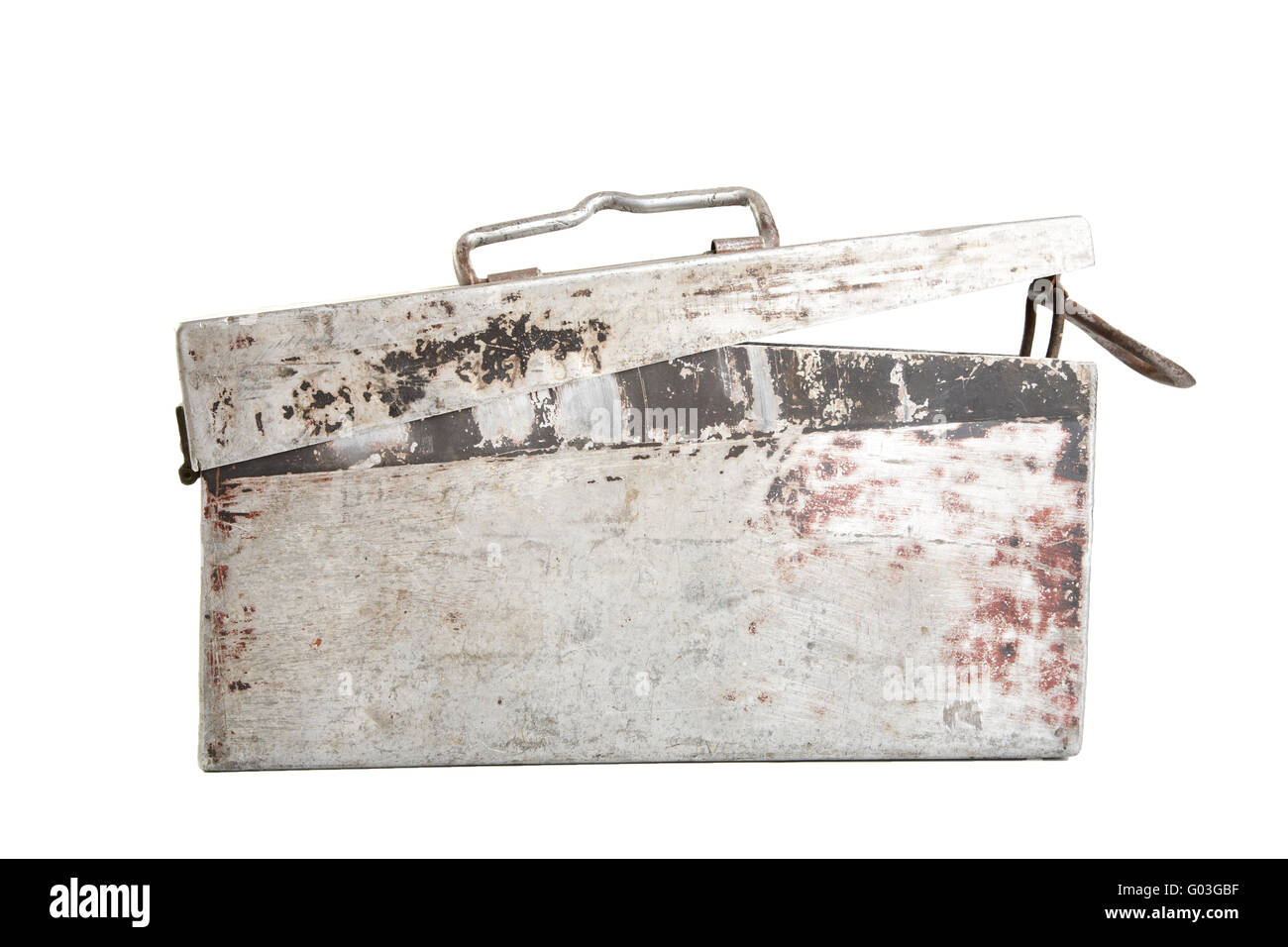 Alten Aluminium-Koffer für Maschinengewehr Klebeband isoliert auf weißem  Hintergrund Stockfotografie - Alamy