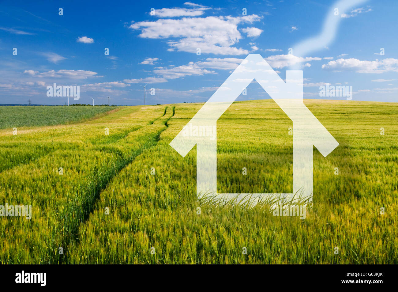 Neue Haus-Vision auf der grünen Wiese. Konzeptbild Stockfoto