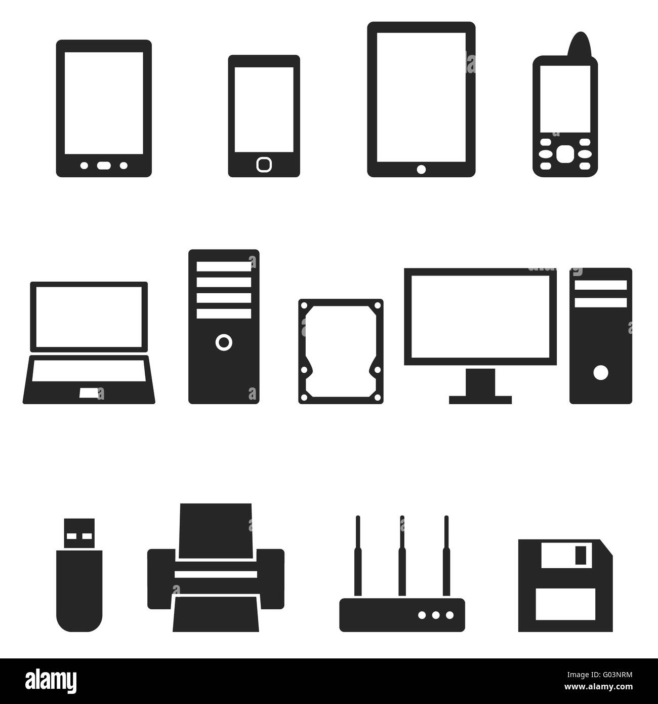 Symbole von Computer-Hardware und Gadgets im Vektor. Stockfoto