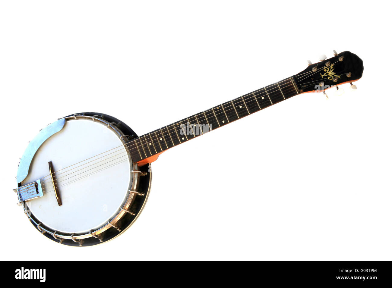 Musikinstrument Banjo isoliert auf einem weißen Hintergrund. Stockfoto