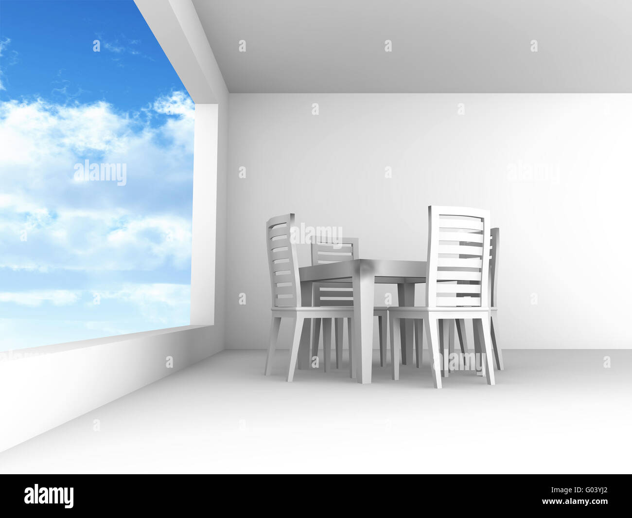 Esszimmer mit Tisch und Stühlen in hellen Tönen Stockfoto