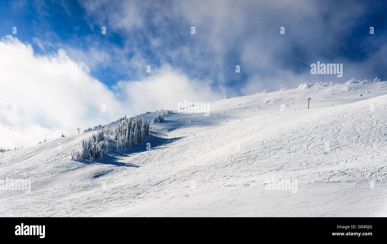 Skifahren in die offene Schneefelder in der hochalpinen an der berühmten Skiort Sun Peaks in der Shuswap Hochland von British Columbia in Kanada Stockfoto