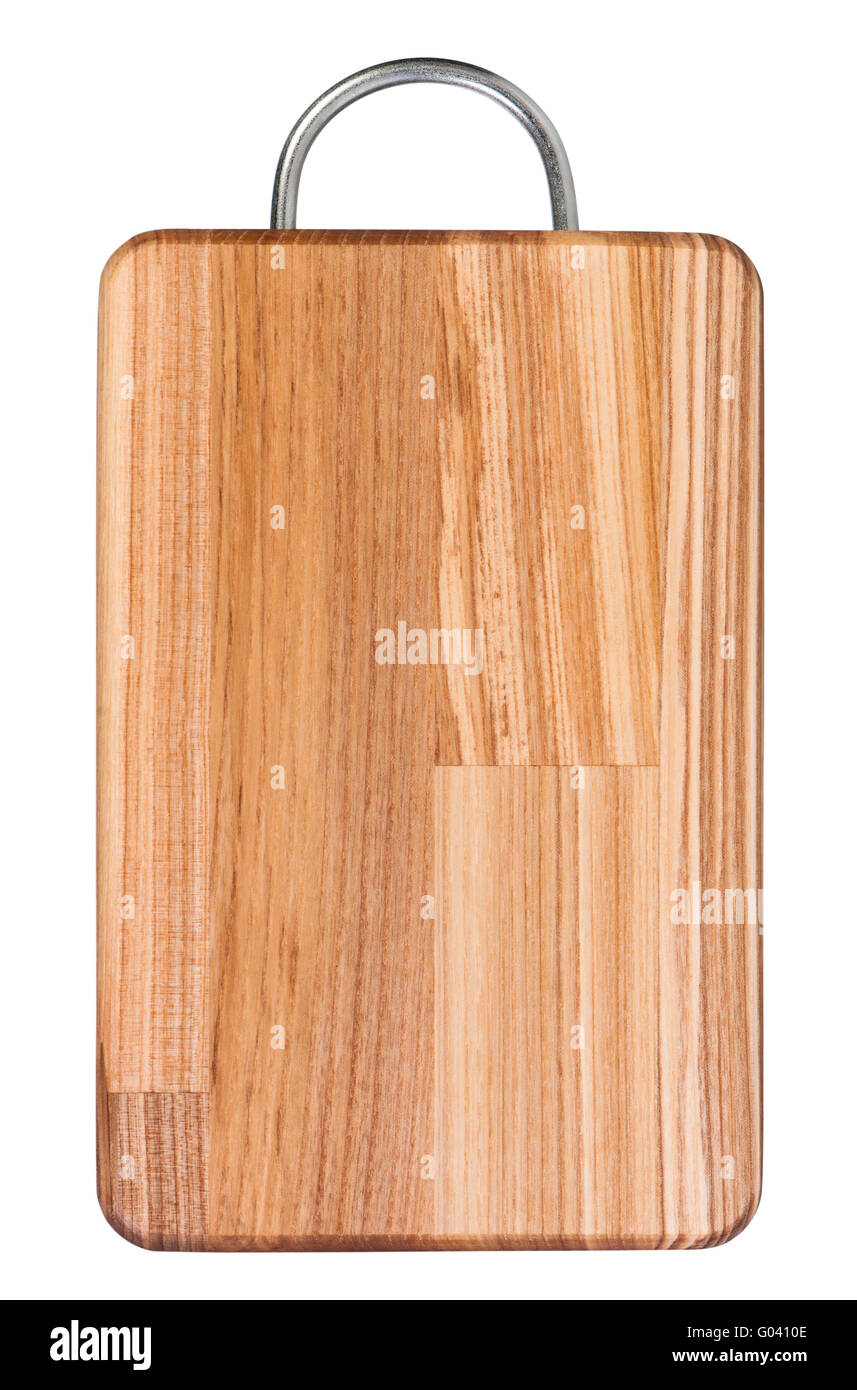 Schneidbrett aus Holz mit Griff auf weißem Hintergrund Stockfoto