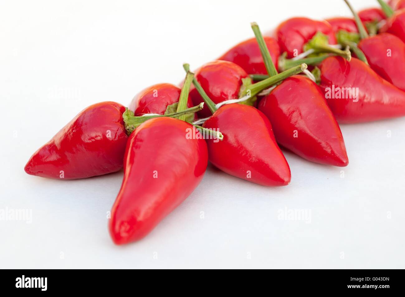 Gruppe von frischen red hot chili peppers auf weißem Hintergrund. gesundes Essen. frisches Gemüse. Stockfoto