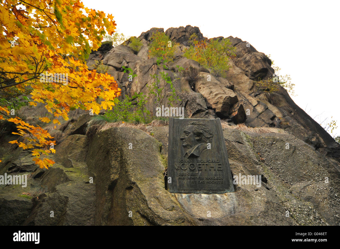 Gedenkstein, Johann Wolfgang von Goethe, Goetheweg, Bodetal, Harz, Sachsen-Anhalt, Deutschland / Bodetal Stockfoto