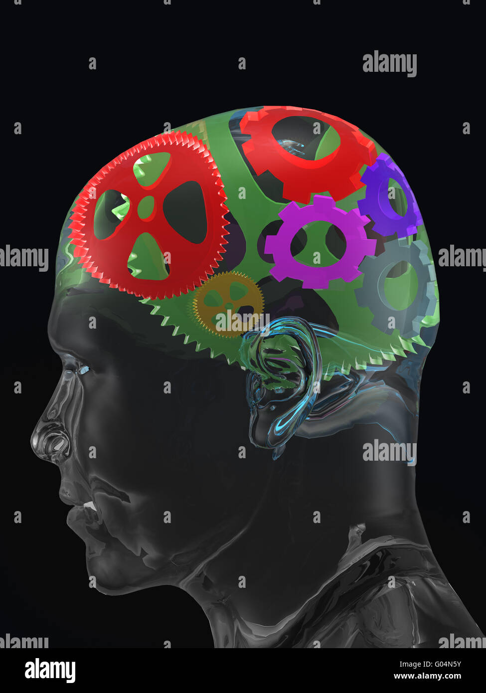Transparente Mann Schädel mit Farbe Kurve Zahnräder Stockfoto