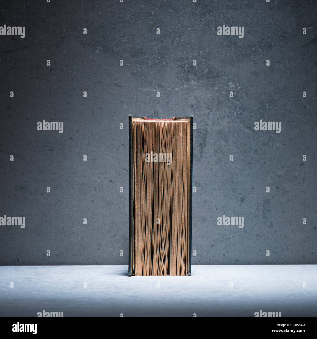 Alte Vintage Buches am Steintisch. Stillleben mit Exemplar. Konzept der Literatur, Bildung und Geschichte. Stockfoto