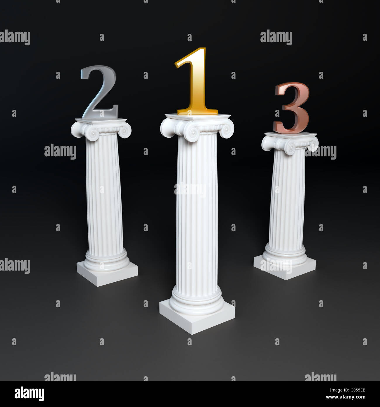 Drei korinthische Säulen, die goldene, silberne und bronzene zahlen. Stockfoto