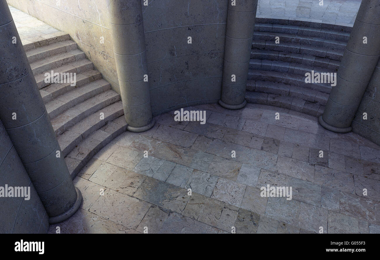 Eine Runde Gericht führt zu zwei separate Treppenhäuser Stockfoto
