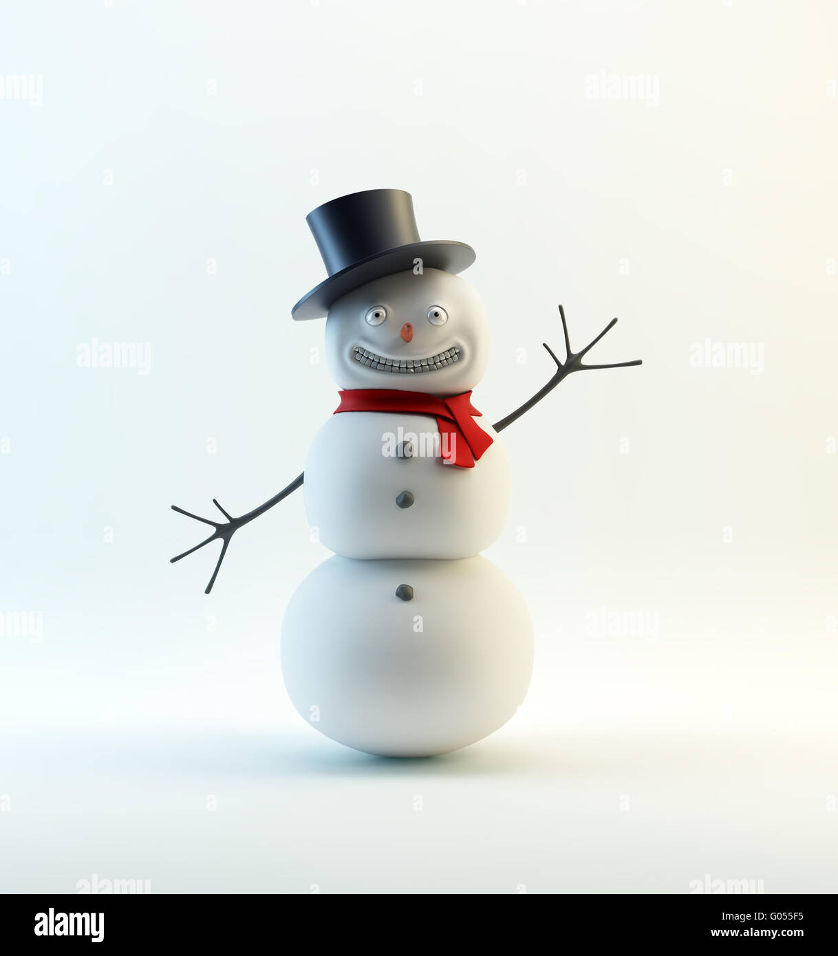 Ein winken, lächelnd Schneemann mit einem roten Schal Stockfoto