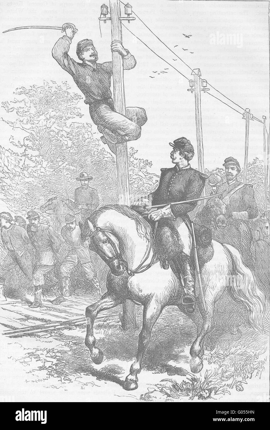 USA: Bürgerkrieg: Stuarts Kavallerie schneiden Telegraph, antiken Drucken c1880 Stockfoto