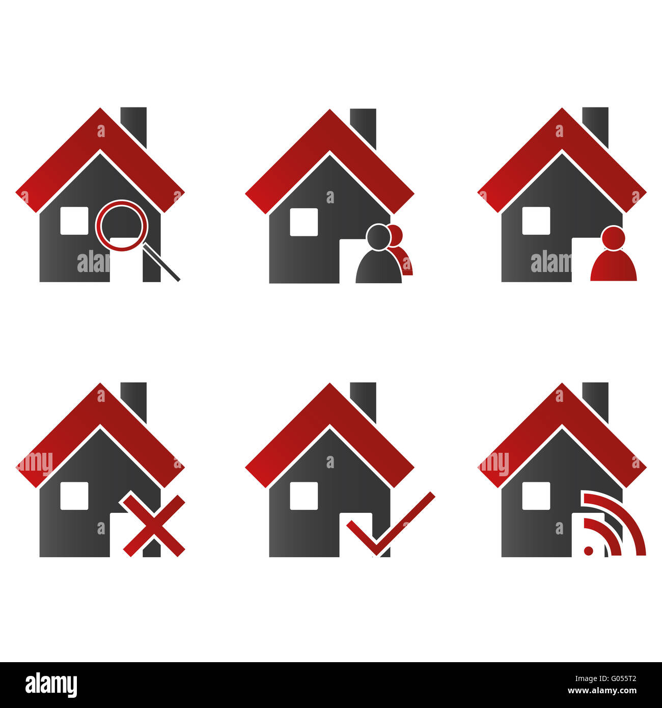 Häuser mit roten Symbolen Stockfoto