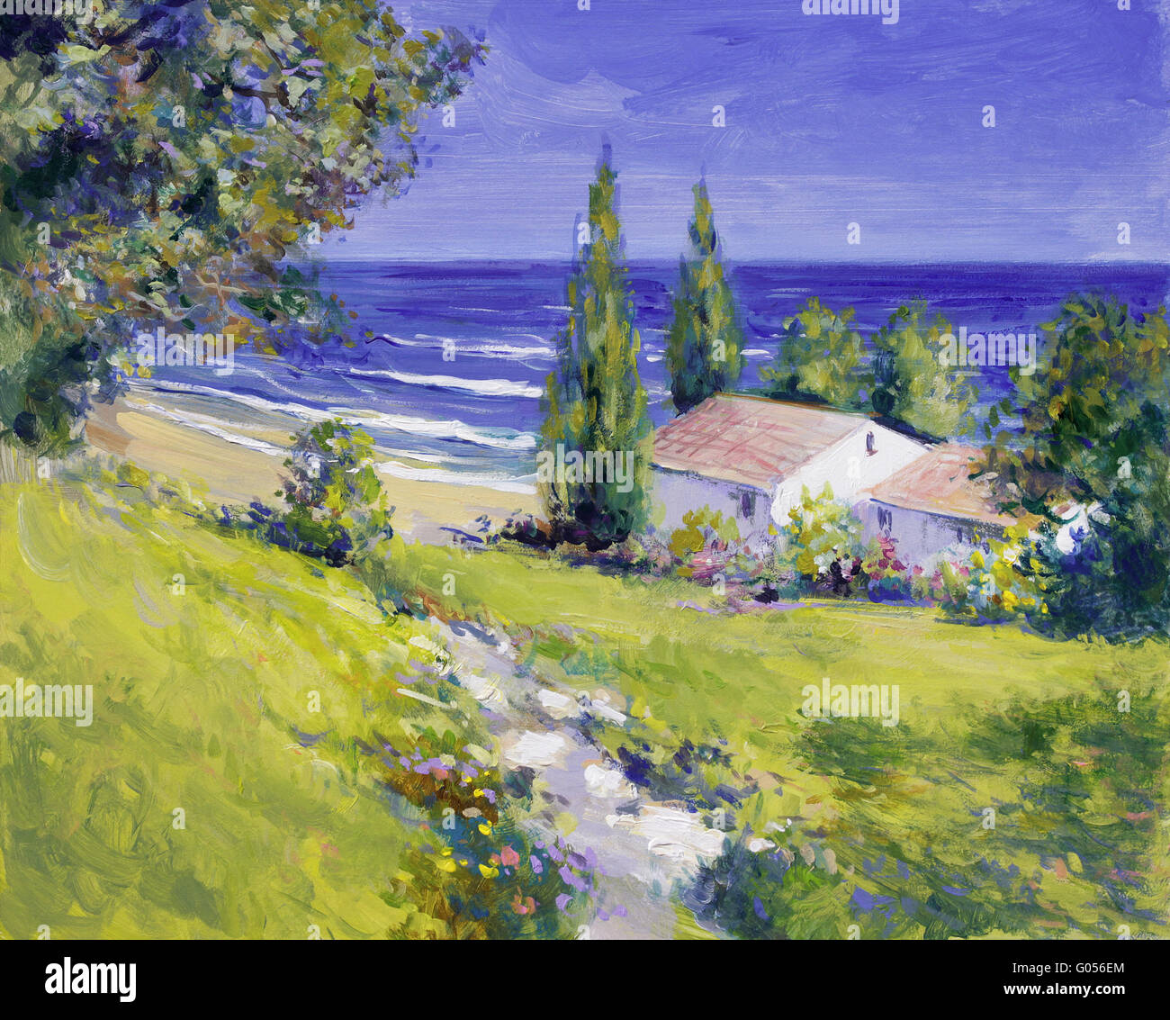 Haus am Meer - Sommer Landschaftsmalerei Stockfoto