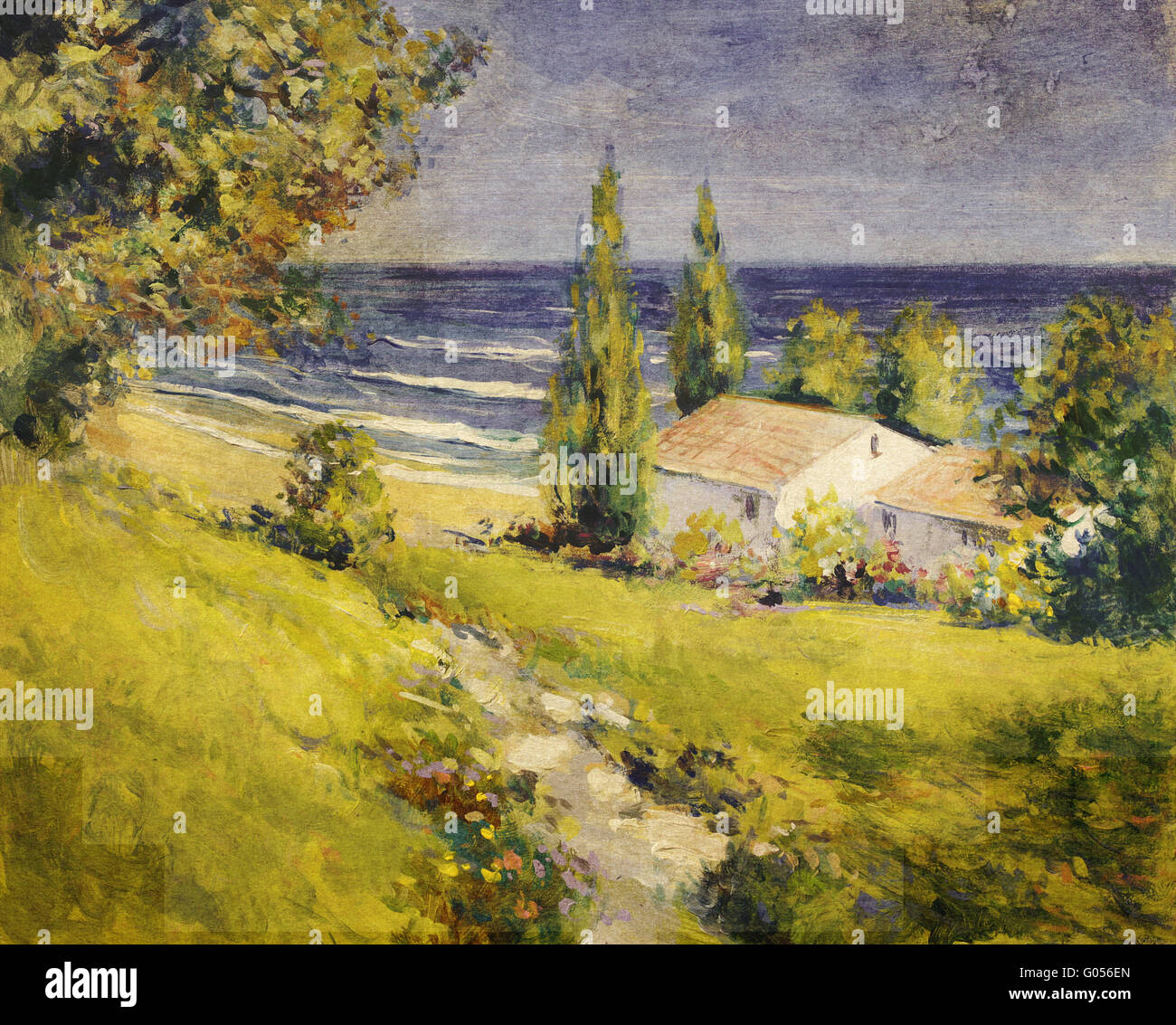 Haus am Meer - Sommer Landschaftsmalerei Stockfoto