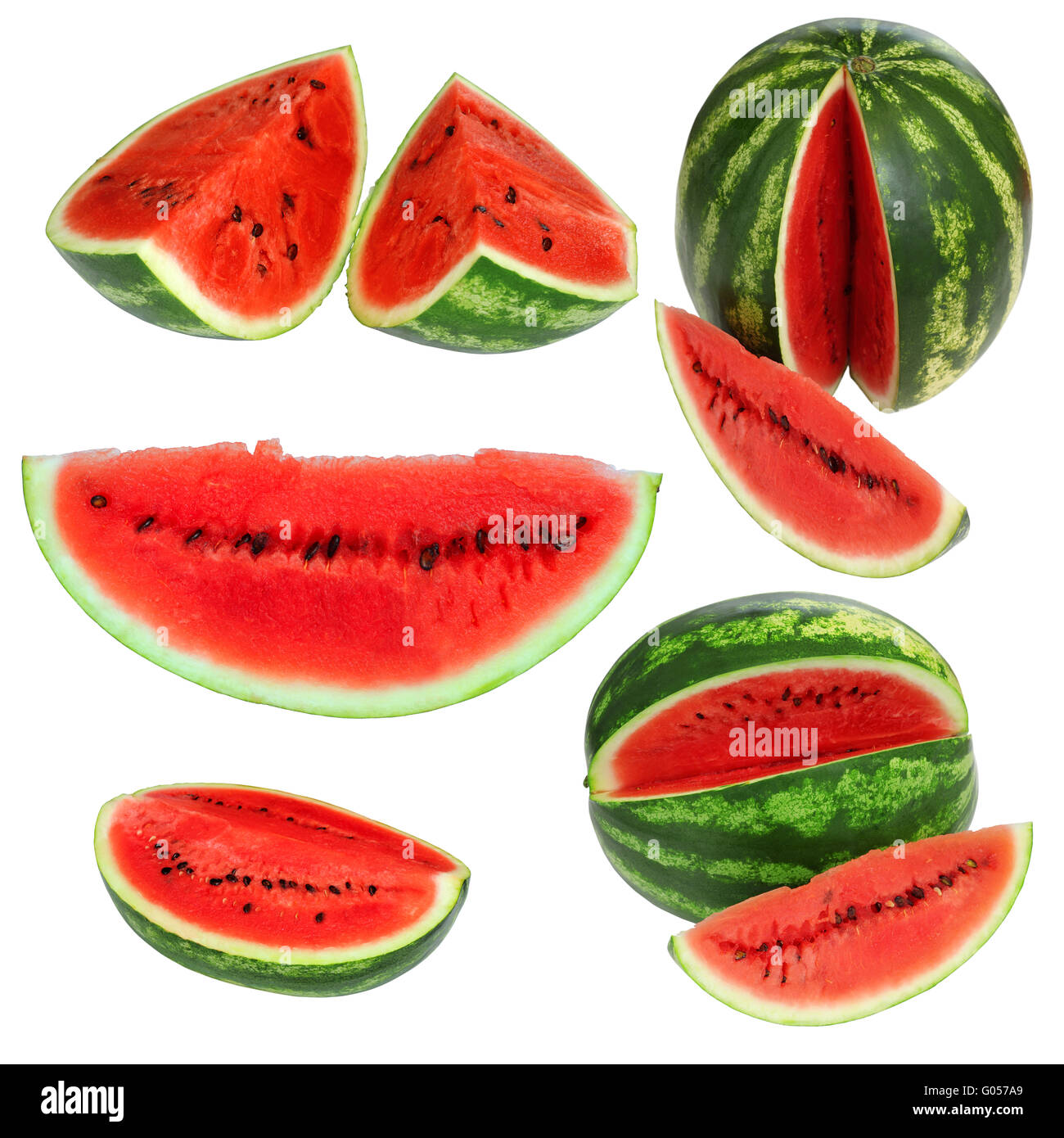 Stellen Sie frische Wassermelone und Scheiben isoliert auf weißem Hintergrund Stockfoto