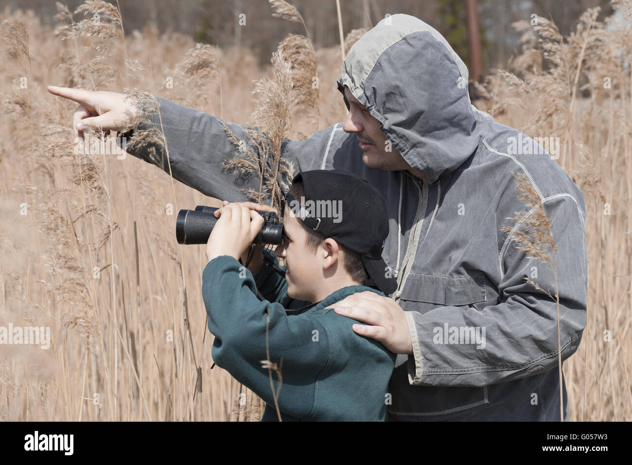 Vater und Sohn beobachten die Vögel am See Stockfoto