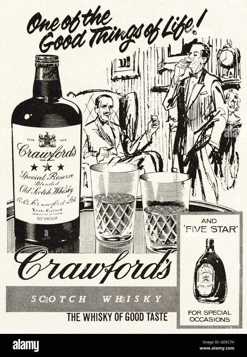 Original alte Vintage 1960er Jahre Magazin Anzeige datiert 1962. Werbung Werbung Crawfords Scotch Whisky Stockfoto