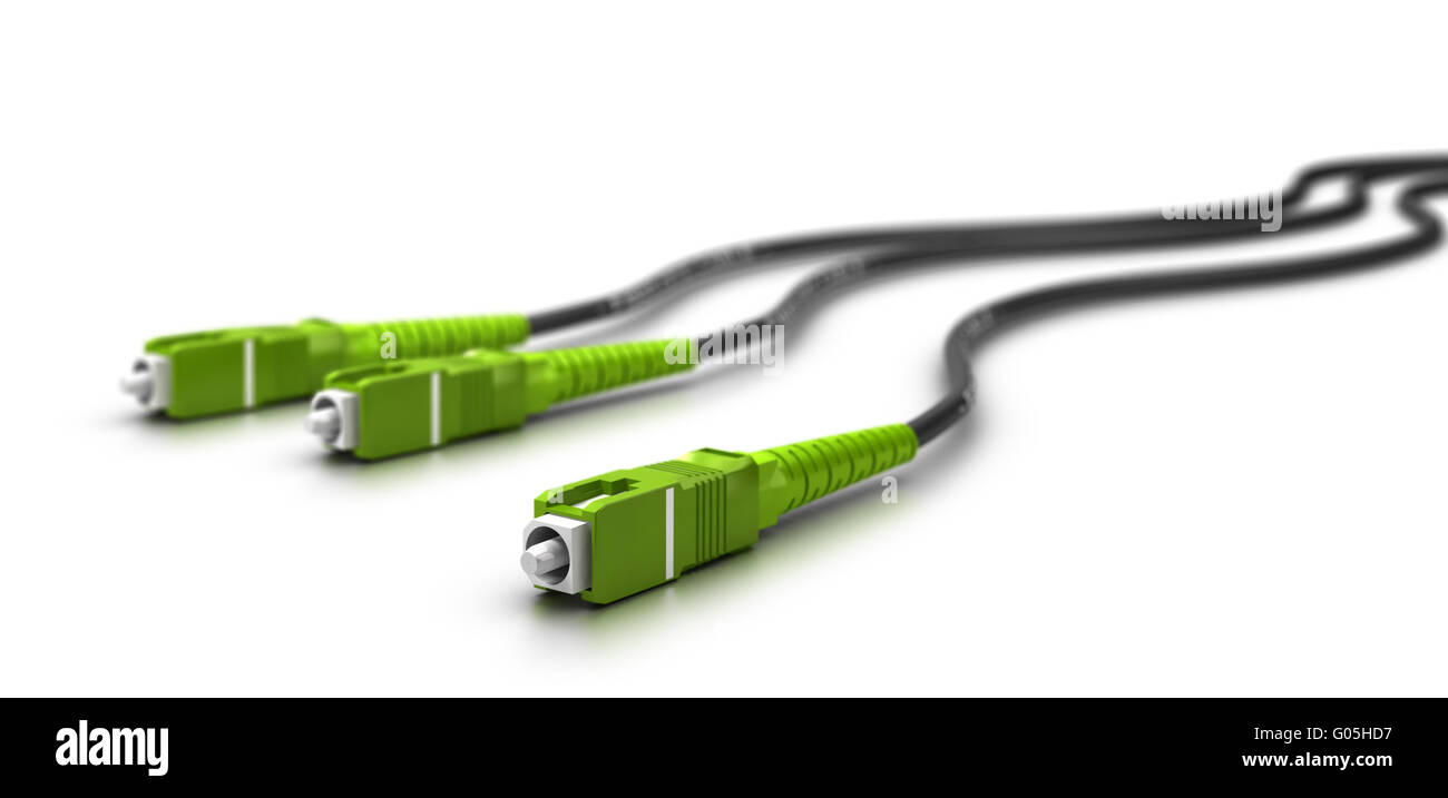 LWL-Kabel mit Steckern auf weißem Hintergrund, 3D illustration Stockfoto