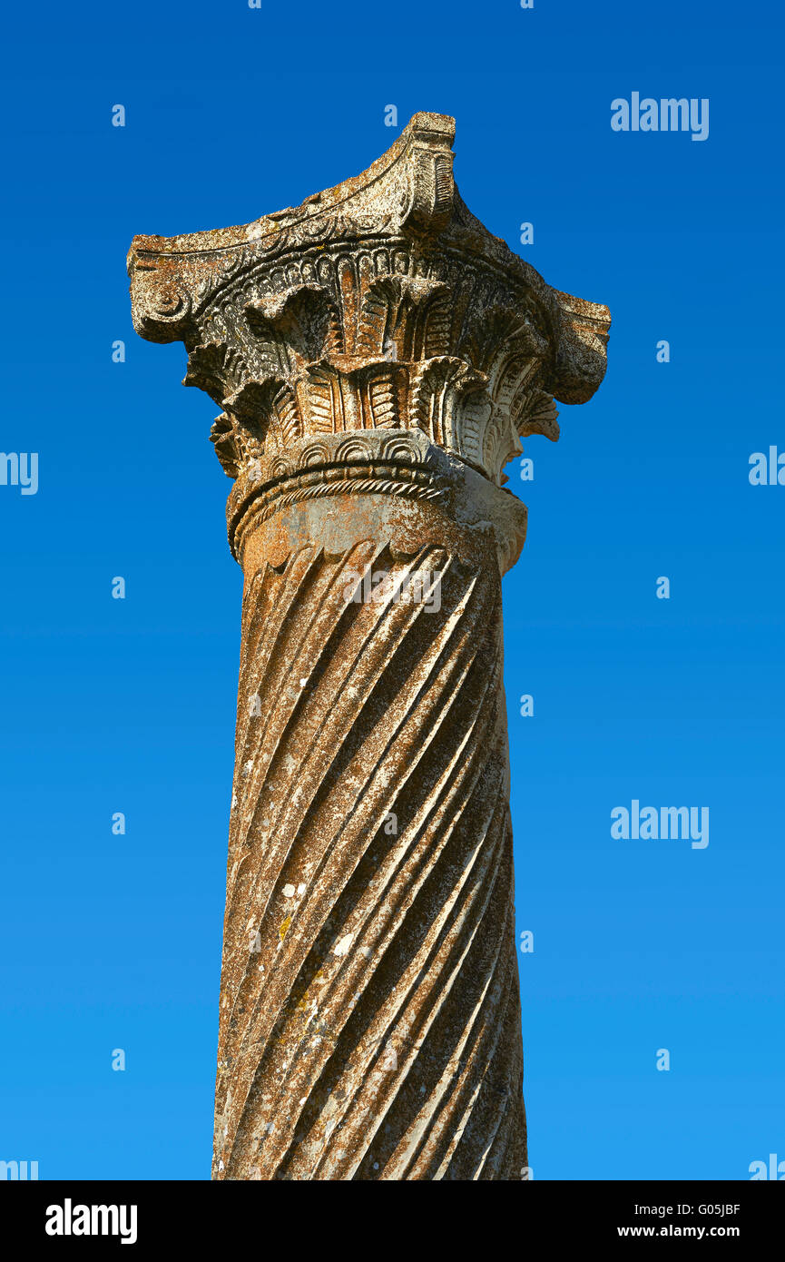Roman Pillar mit korinthische Kapitell aus dem Tempel in Volubilis archäologische Website, Marokko Stockfoto