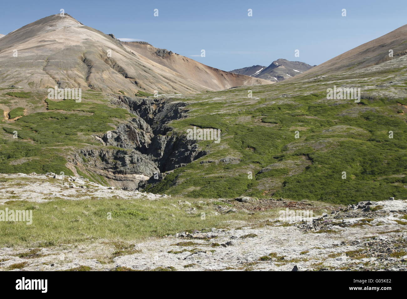 Auf den Spuren vom Hof Stafafell zum Hvannagil Canyon. Lónsöræfi Nature Reserve Stockfoto