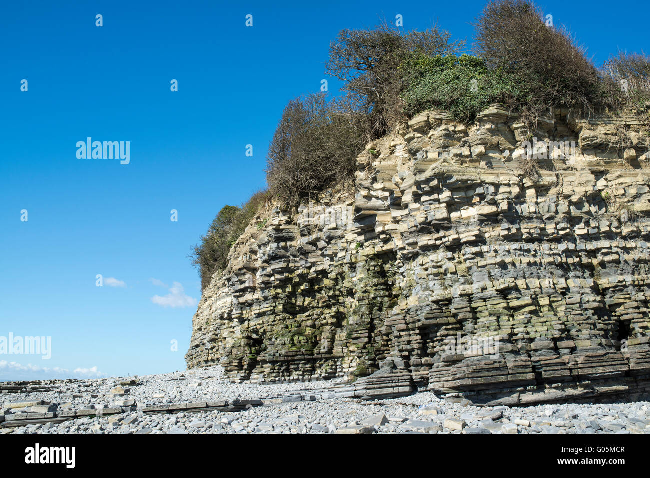 Klippe mit Blick auf einen Kieselstrand. Lavernock Punkt, Südwales. Stockfoto