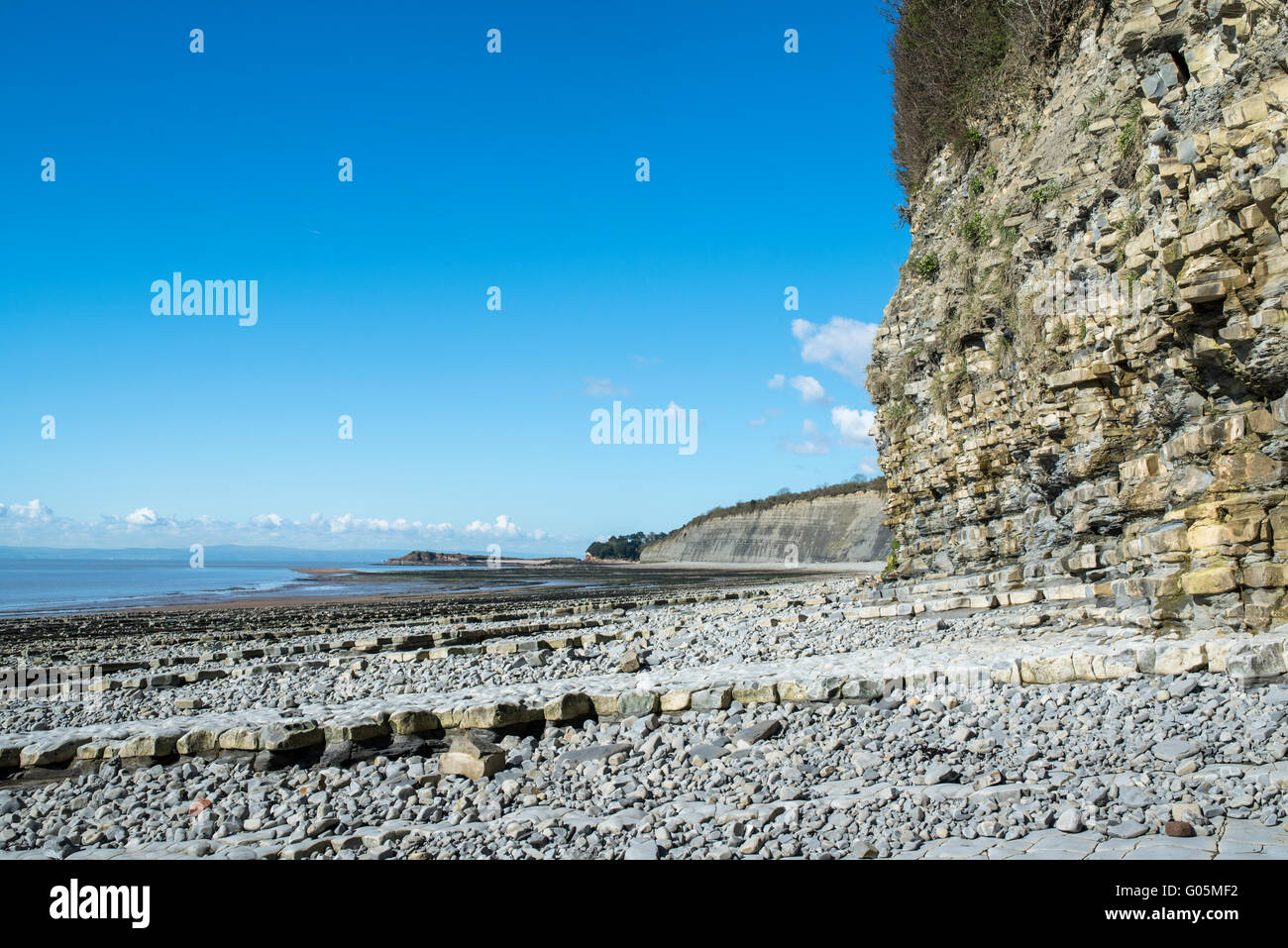 Klippe mit Blick auf einen Kieselstrand. Lavernock Punkt, Südwales. Stockfoto