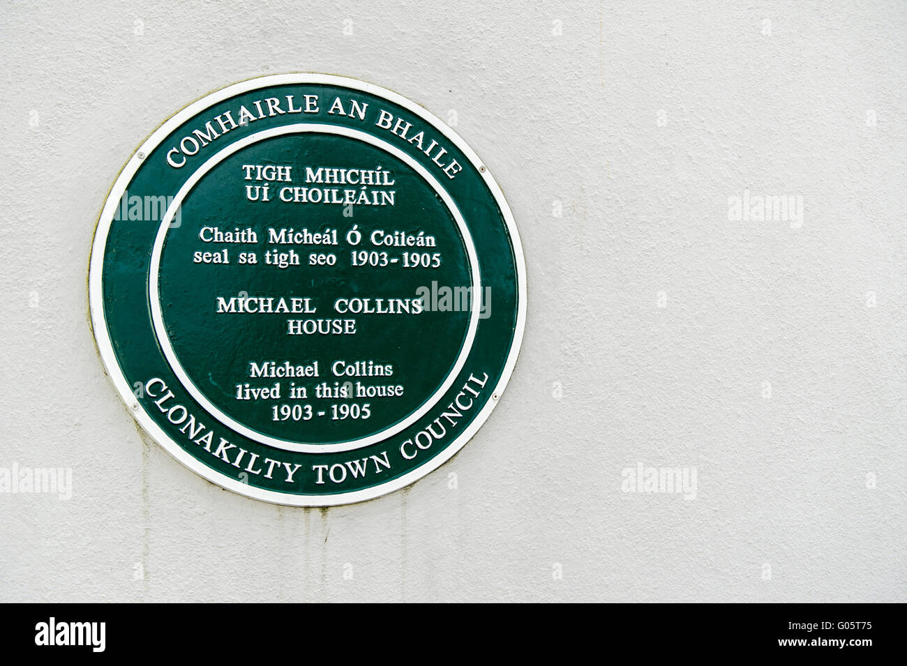 Eine Gedenktafel für das Haus, wo Michael Collins in Clonakilty, West Cork, Irland lebte. Stockfoto