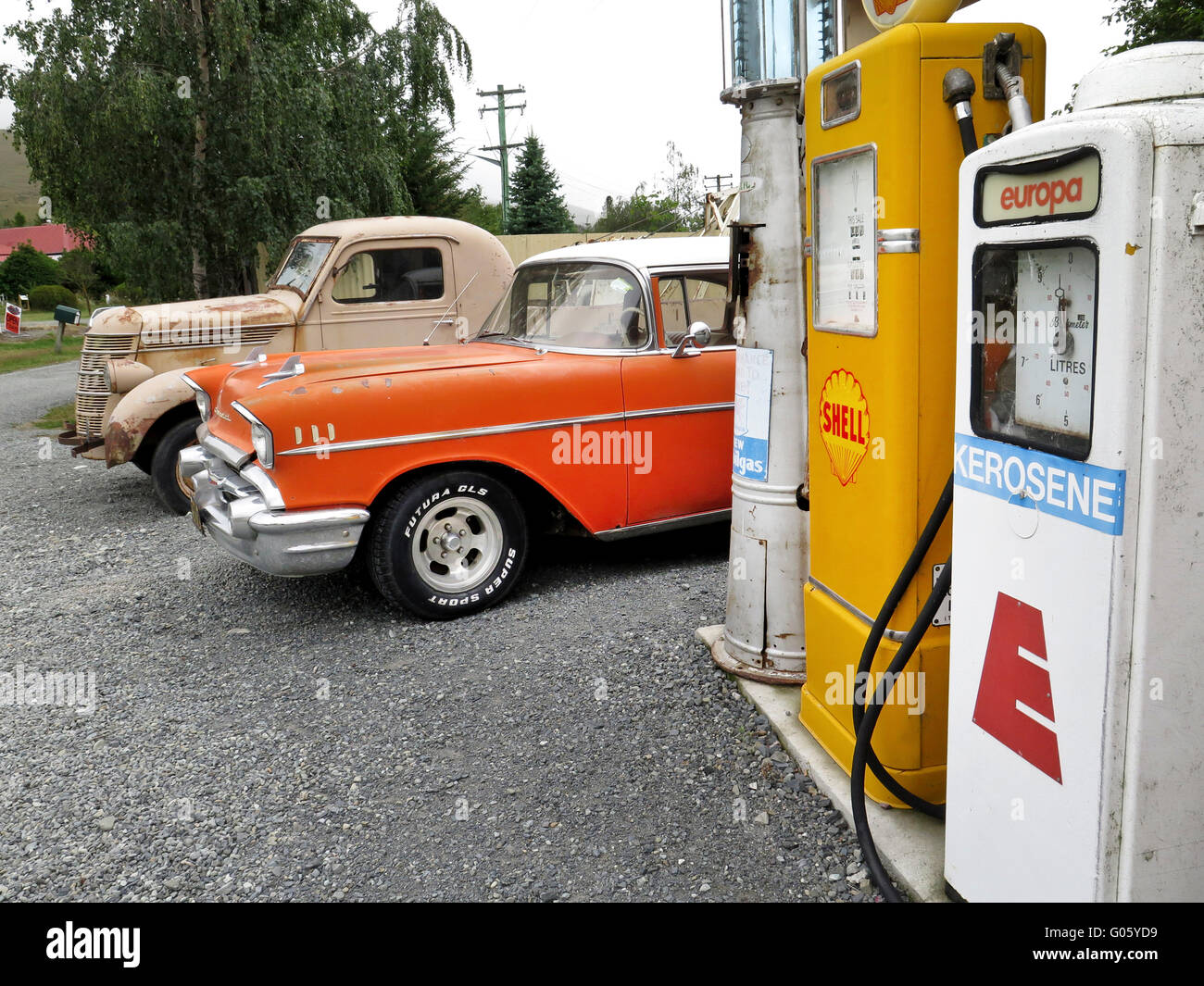 Chevrolet an drei Bäche Tankstelle Südinsel, Neuseeland Stockfoto