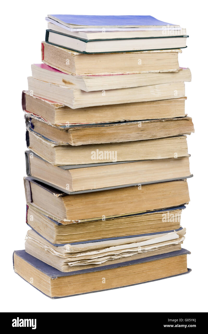 Der Turm der alten Retro shabby zerrissen unerwünschte Bücher isoliert Stockfoto
