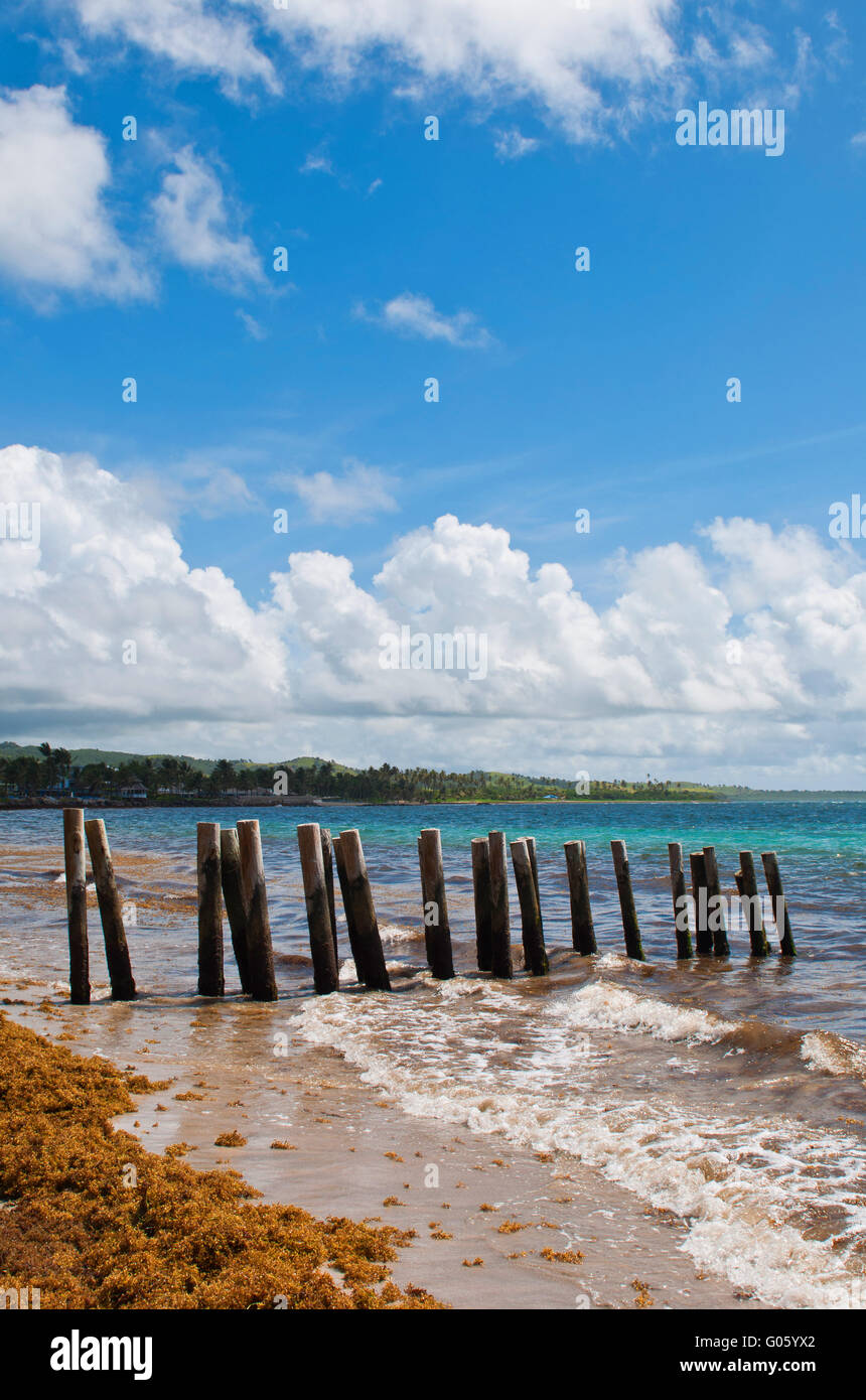 alte hölzerne Pier Stelzen an einem einsamen Strand in Vieux Fort Stockfoto