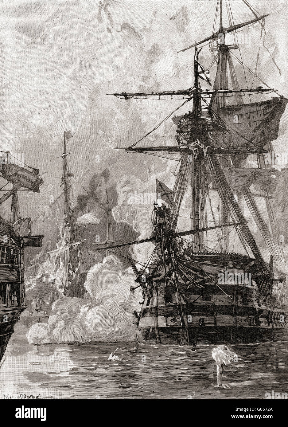 Die Schlacht von Sinop oder Sinope, 30. November 1853, Sinop, Anatolien, Türkei.  Ein Geschwader der kaiserlichen russischen Kriegsschiffen geschlagen und vernichtet ein Geschwader der osmanische Schiffe in den Hafen während der Krimkrieg verankert. Stockfoto