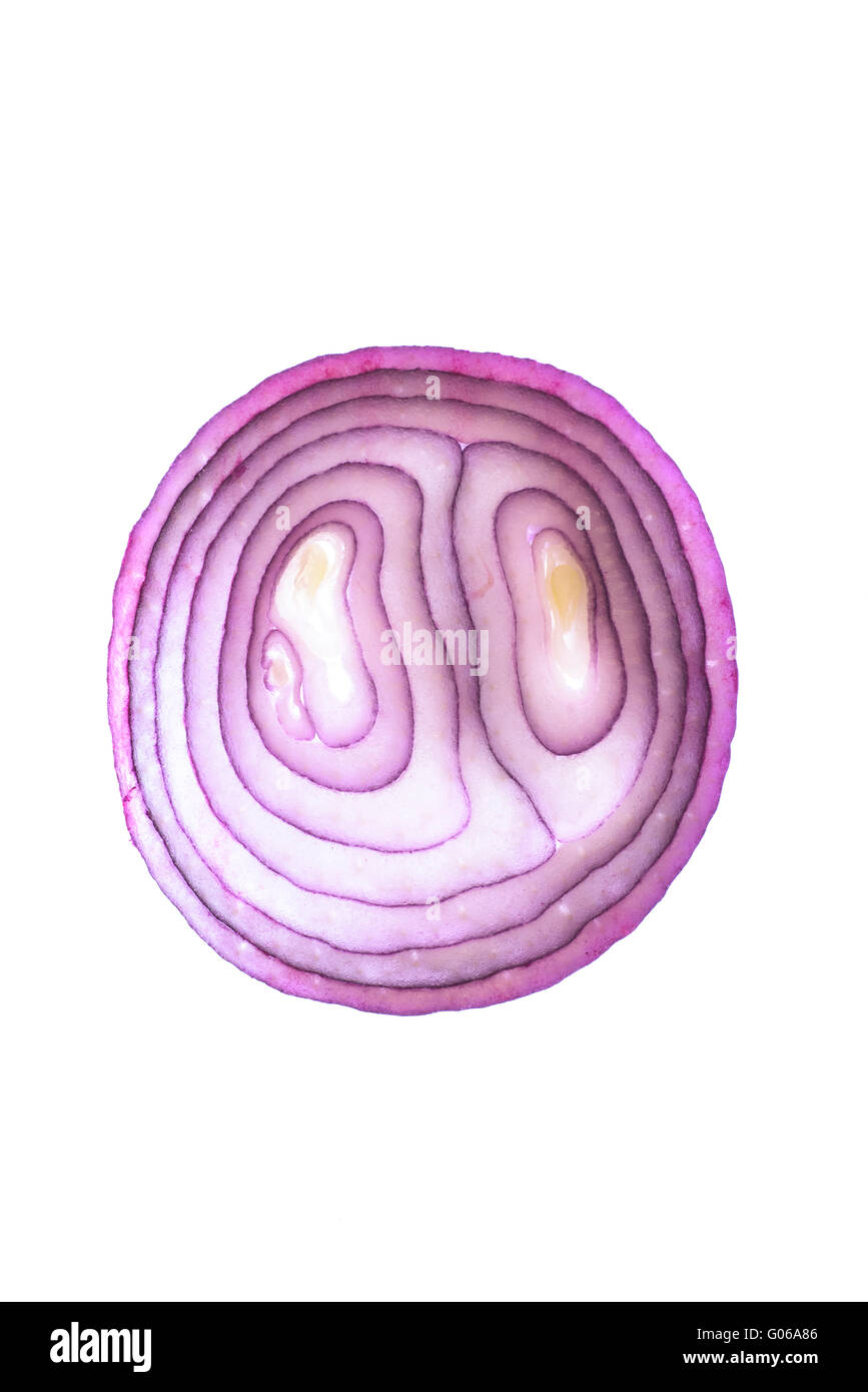 Hinterleuchtete Red Onion Slice vor einem weißen Hintergrund Stockfoto