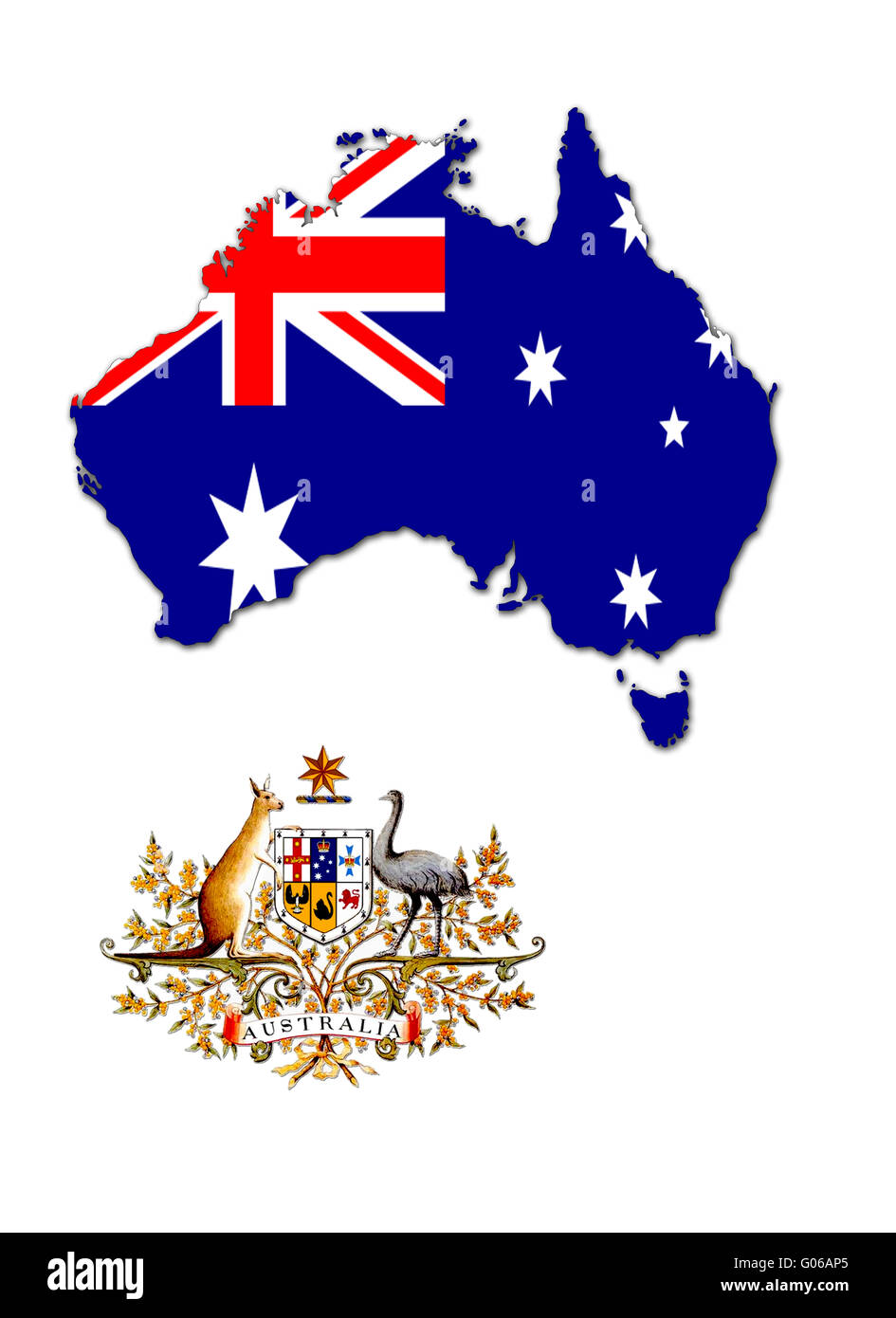 Karte von Australien auf dem Hintergrund seiner Flagge Witz Stockfoto
