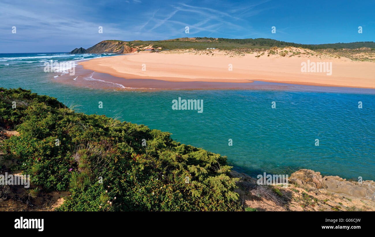 Portugal, Alarve: Blick auf grüne Flussmündung mit Sandstrand und Küstenvegetation am Strand Amoreira Stockfoto