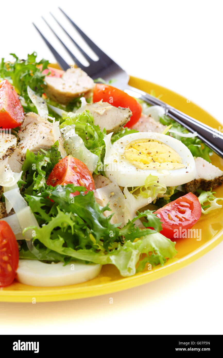 Salat mit Parmesan-Käse, Tomaten und Huhn. Stockfoto