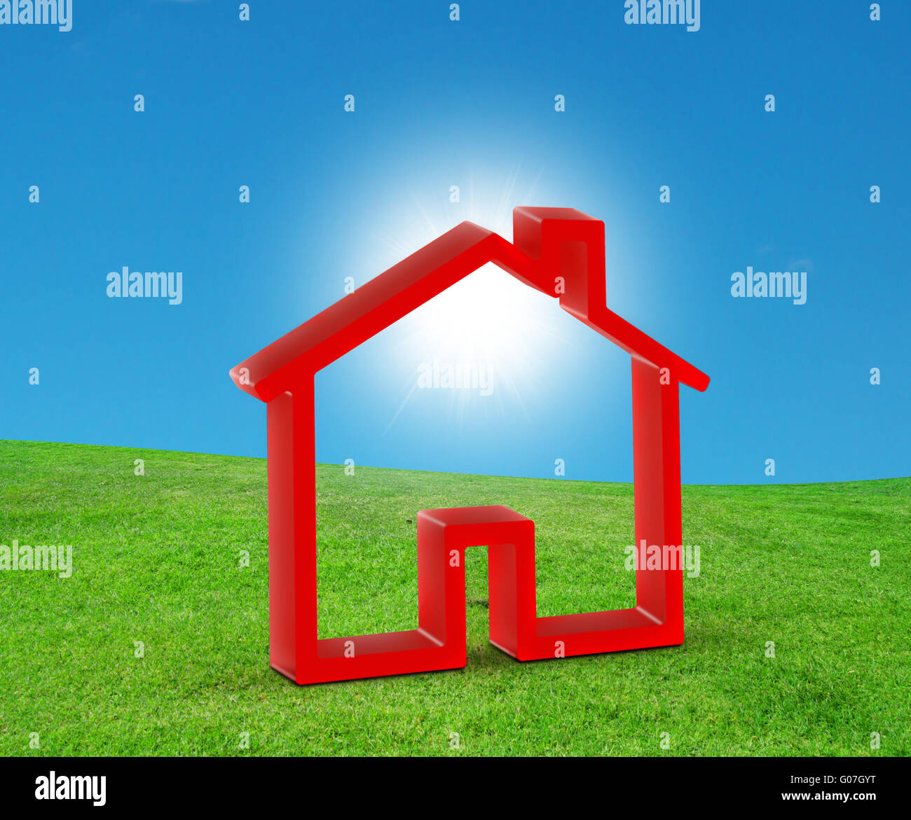 Haus-Symbol über gewölbte Horizont von leeren Rasen Fiel Stockfoto