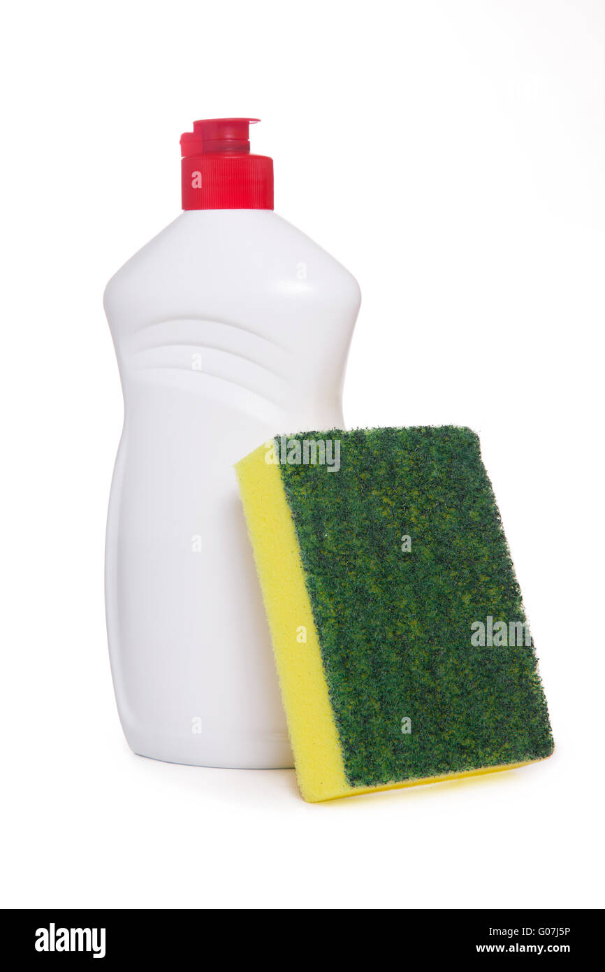 grüne Küchenschwamm und Flasche Geschirrspülmittel liq Stockfoto