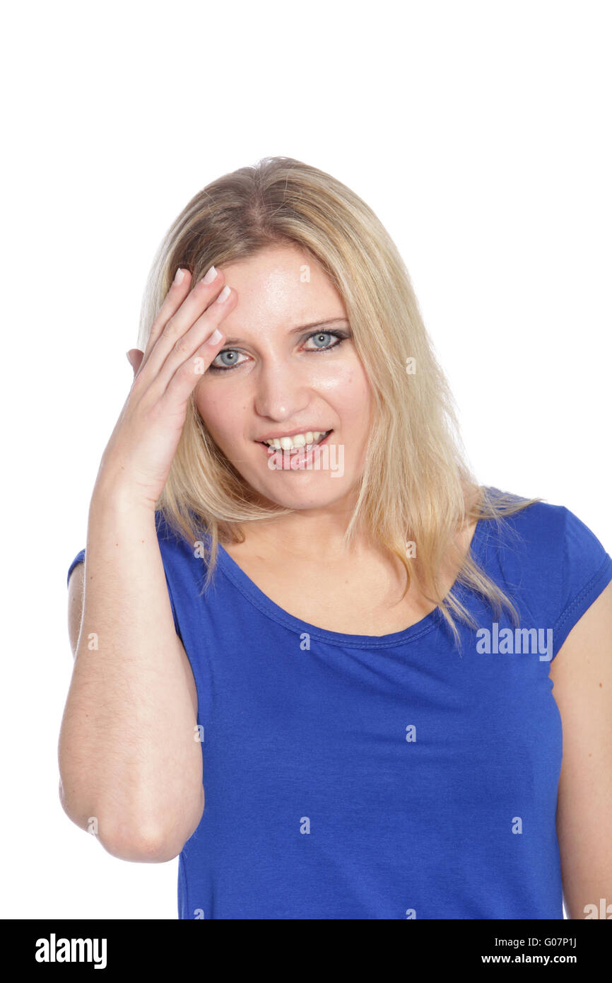 Schöne blonde behaarte Frau im blauen Kleid Stockfoto