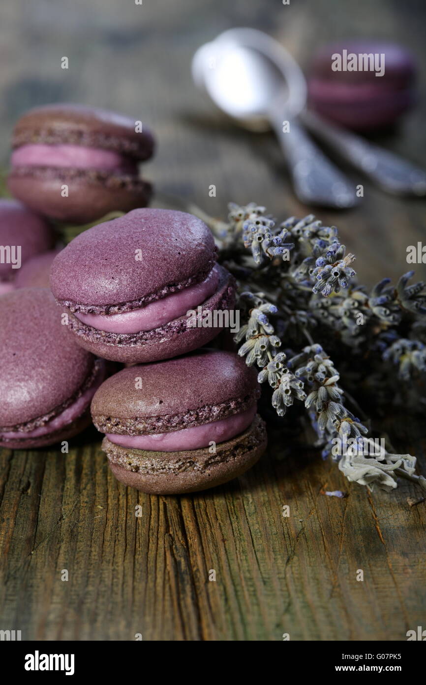 Lavendel-Makronen mit Creme von schwarzen Johannisbeeren. Stockfoto