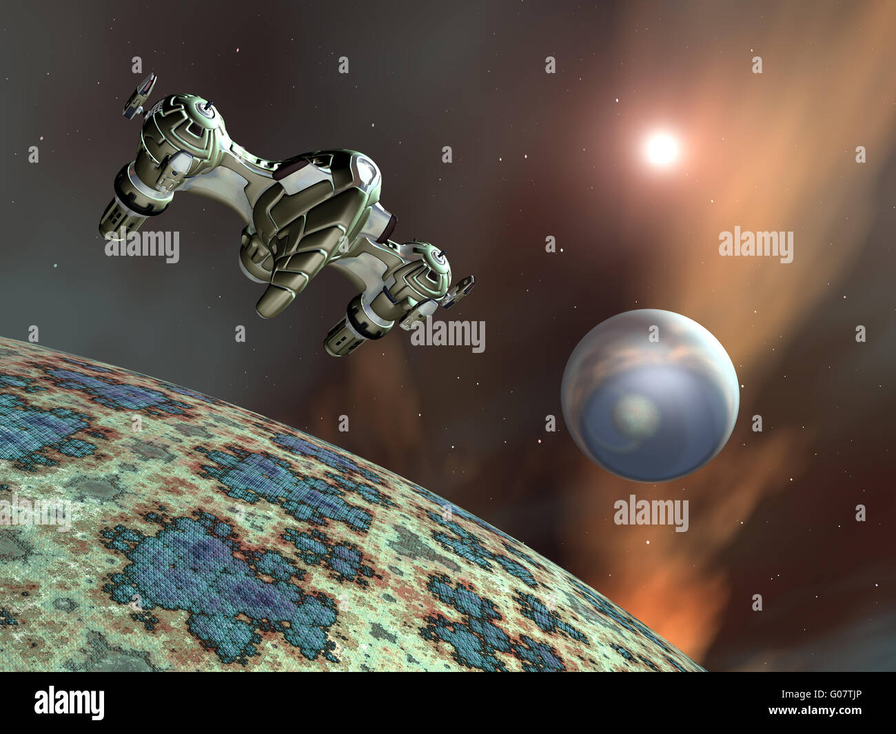 Fremden Planeten mit Alien Raumschiff Stockfoto
