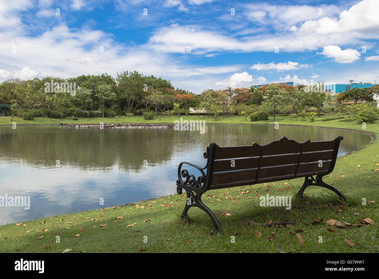 Bank im Park in der Nähe von kleinen See Stockfoto