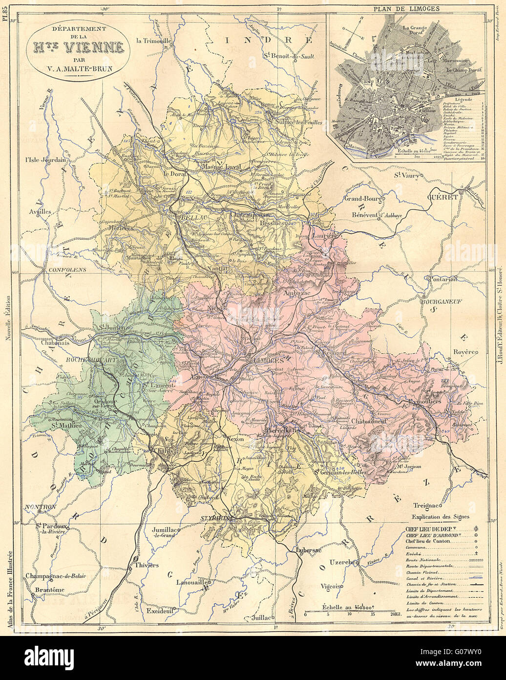HAUTE-VIENNE: Departement de Hte; Limoges, 1884 Antike Landkarte planen Stockfoto