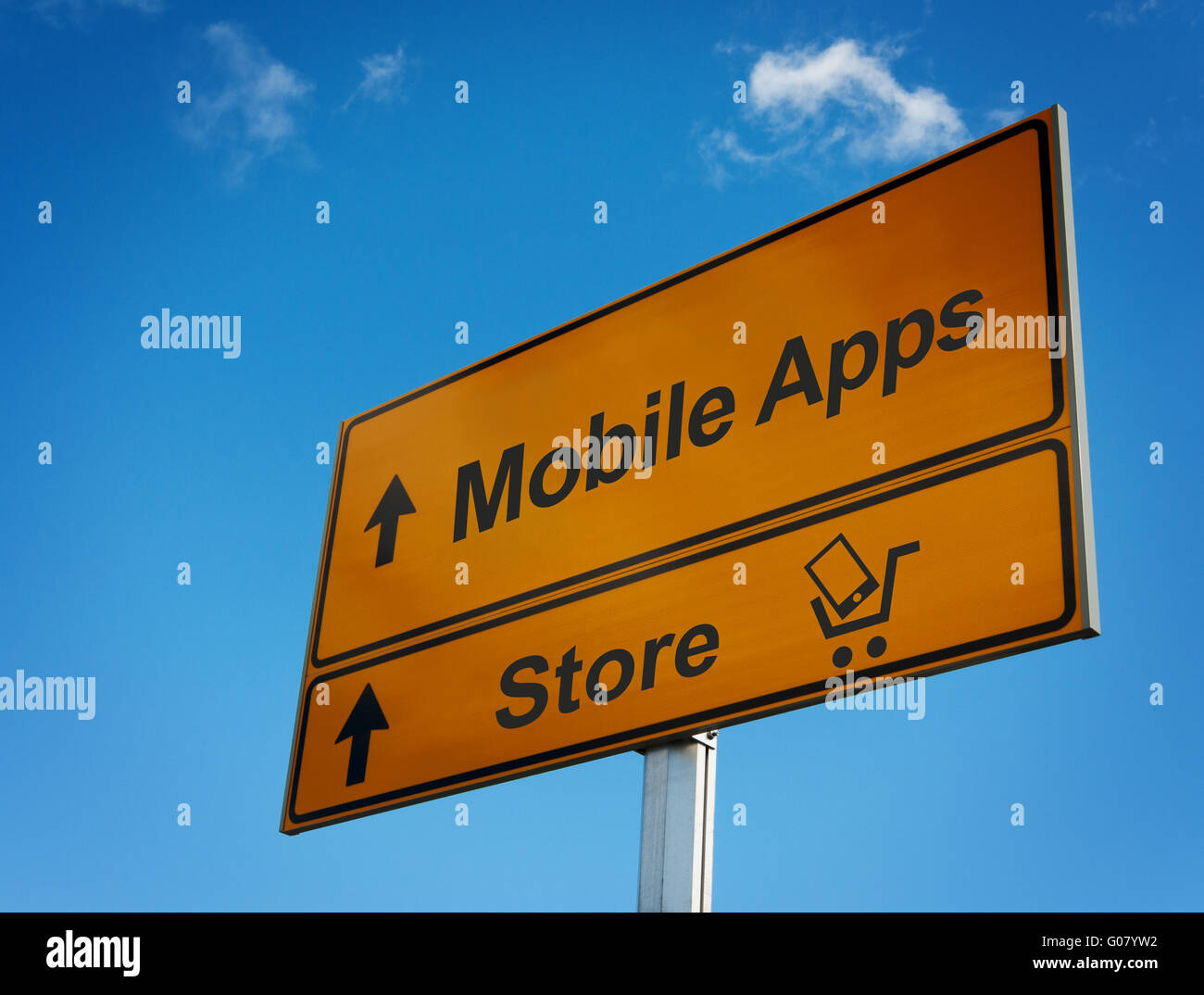 Mobile apps Straßenschild mit Karre und Smartphone. Stockfoto