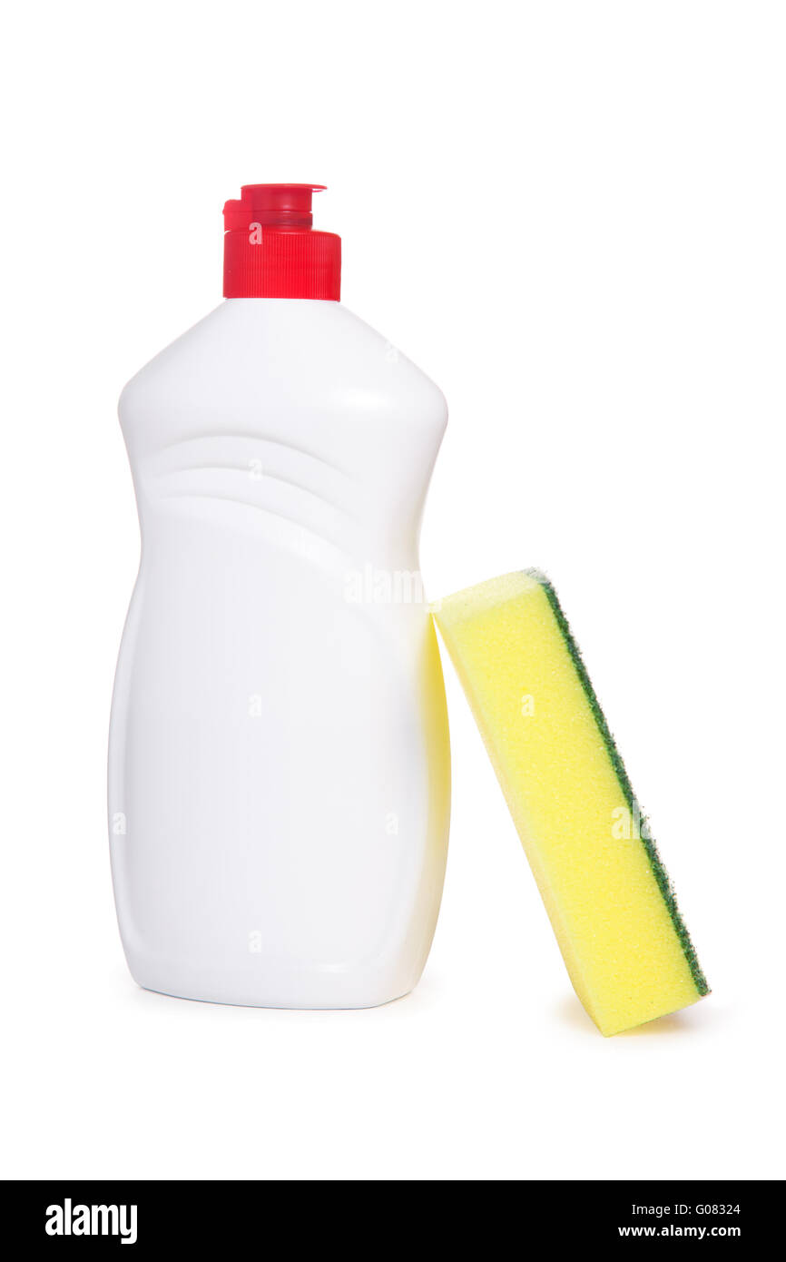 Gelber Küchenschwamm und Flasche Geschirrspülmittel li Stockfoto